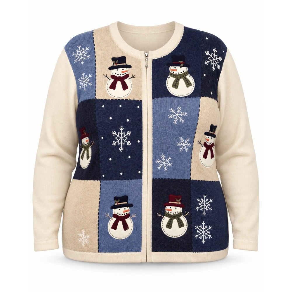 Croft & Barrow Snowman Zip Front Cardigan 1X Blue Cream Angora Blend Holiday